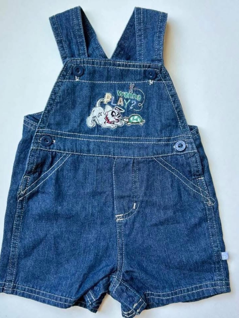 Y2K Disney Dark Blue Denim Short Overalls with Embroidered Dalmatian